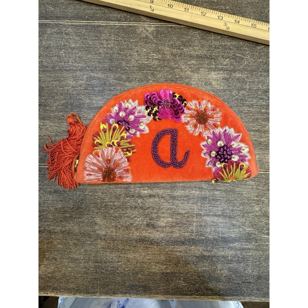 Anthropologie Monogram Crescent Pouch Orange with purple monogrammed A - Picture 2 of 10